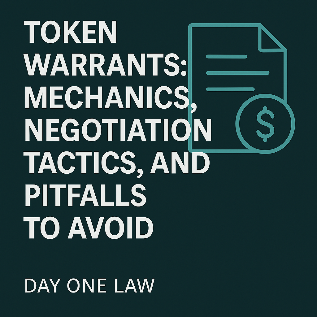 Social media banner graphic with the title &lsquo;Token Warrants in Crypto: How to Structure, Negotiate, and Avoid Landmines&rsquo; in bold white text over a dark teal gradient. Includes small icons of a document and a crypto token, with the law firm name &lsquo;Day One Law&rsquo; at the bottom.